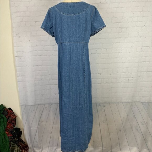 Vintage Western Romantic 12 Denim Babydoll Empire Waist Button Up Maxi Dress - Picture 6 of 13